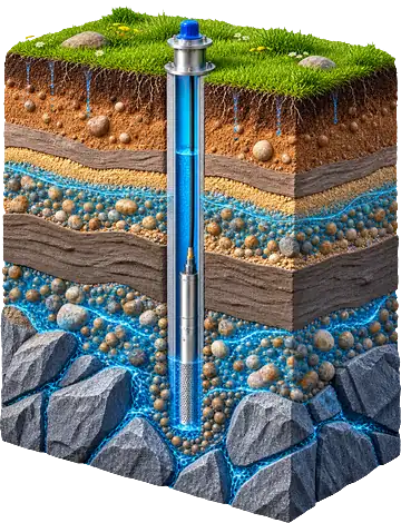 Secțiune geologică printr-un teren: straturile de sol, stratul acvifer și roca de dedesubt, care oprește forajul manual.
